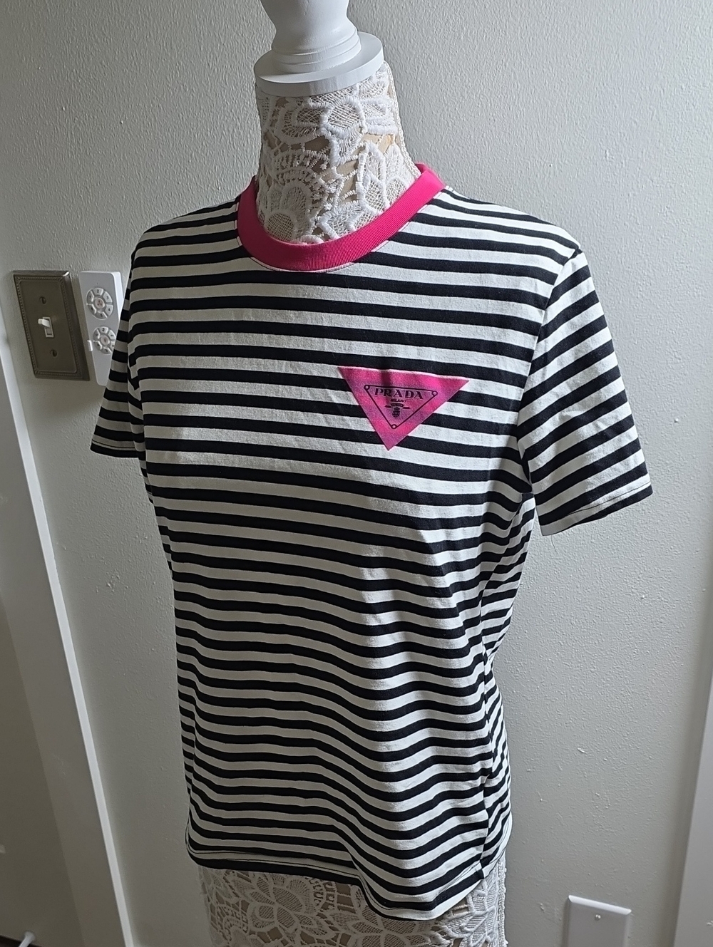 Boutique black & White Striped Tee with Pink Trim and Logo